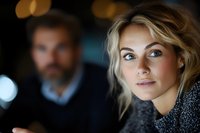Young blonde woman with striking blue eyes and natural makeup wearing gray sweater gazes thoughtfully into distance while male figure appears blurred in dark background.
