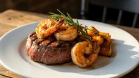 Surf and turf surf and turf dish with grilled steak, succulent shrimp, roasted vegetables and fresh rosemary garnish on white plate for fine dining restaurant menus.
