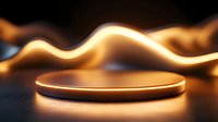 Glowing neon circle platform with wavy light trails against dark background creates futuristic minimalist composition for product display or tech promotion.