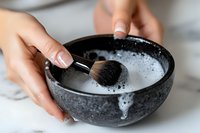 Hands washing makeup brush in soapy water bowl for cleaning cosmetic tools and maintaining hygiene in beauty routine and skincare preparation.
