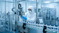 Scientist in protective suit working with automated equipment in modern pharmaceutical manufacturing facility with sterile glass chambers and control systems.