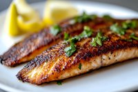 Grilled salmon fillet with blackened seasoning crust, fresh herbs and lemon garnish on white plate, close-up view showing moist, flaky texture and caramelized surface.