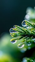 Macro photography of water drops on green pine needles against dark background, morning dew creates crystal clear spheres reflecting light, nature close-up.