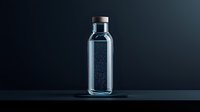 Glass bottle with black granules or powder inside on dark background with dramatic lighting, minimalist composition for luxury product photography.