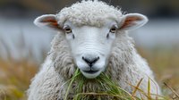 Close up portrait of white sheep eating fresh grass, showing fluffy wool texture and gentle expression. Farm animal in natural environment.