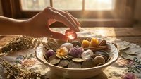 Hand selecting colorful healing crystals from decorative bowl on wooden table with warm sunlight streaming through window creating spiritual atmosphere.