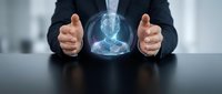 Business professional protecting holographic brain with hands symbolizing mental health care, AI technology, and cognitive security in corporate environment.