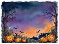 Watercolor Halloween border with jack-o-lanterns, ghosts, bats, and crescent moon on spooky night sky background with copy space.