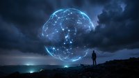 Digital brain hologram floating above silhouette figure on rocky landscape under stormy sky. Futuristic artificial intelligence concept for technology presentations.