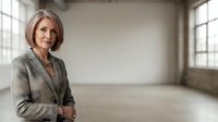 Mature woman with shoulder-length blonde hair and fair complexion, wearing a beige blazer and necklace, standing confidently in an empty modern office space with large windows and natural light.