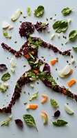 Creative food art showing running figure made from purple lettuce leaves, surrounded by spinach, garlic cloves, carrots and pumpkin seeds on light background.
