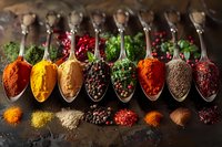 Colorful aromatic spices in vintage silver spoons on dark rustic background with scattered seasonings, herbs and peppercorns for cooking and food styling.