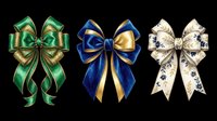 Decorative ribbon bows in green, blue and gold, and cream with floral patterns, isolated on transparent background. Ready for clipart, t-shirt design, stickers, print-on-demand and sublimation projects.