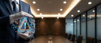 Businessman in suit holding glowing triangle network icon with connected nodes in modern office conference room, representing digital technology and business connectivity.