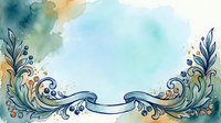 Watercolor ornamental border with flowing scrolls and botanical flourishes in blue, green, and gold tones on white background, suitable for invitations, stationery, and design projects.