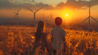 Young couple watching sunset in golden wheat field with wind turbines, orange sky and sun creating magical atmospheric scene. Sustainable energy concept.