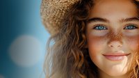 Young woman with freckles and curly hair wearing straw hat smiling in warm sunlight. Natural beauty portrait for summer lifestyle and vacation concepts.