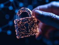 Glowing digital padlock made of connected dots and lines touched by finger represents cybersecurity and data protection in modern digital world.