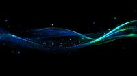 Glowing blue and green light waves flow through dark space with sparkling particles and stars creating magical atmospheric effect. Great for abstract backgrounds.