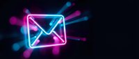 Neon email icon with vibrant pink and blue glowing effects on dark background for digital marketing and communication design projects.