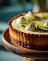 Homemade lime tart with cream dollops and fresh lime slices on wooden cake stand, perfect for summer dessert menu.