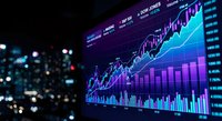 Financial market data visualization with glowing blue and purple charts displaying stock price trends and trading analytics on digital screen.