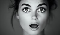 Close up portrait of young woman with surprised expression, dramatic lighting, wide open eyes and mouth in black and white artistic photography.