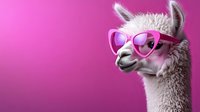 Funny llama wearing heart shaped pink sunglasses against vibrant pink background. Trendy animal portrait with copy space for valentines day cards and social media posts.