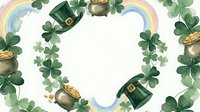 St. Patrick's Day watercolor frame with shamrocks, leprechaun hats, pots of gold and rainbow border on white background for festive designs.