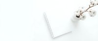 Minimalist workspace with blank spiral notebook and cotton branch on clean white background for creative projects and planning.