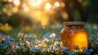 Golden honey jar glowing in sunset light among blooming daisies and wildflowers in meadow, natural organic food photography with bokeh background.