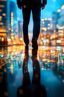 Person walking on wet city street at night with reflection of urban lights in puddle creating mirror effect against blurred bokeh cityscape background.