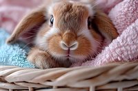 Adorable brown lop-eared rabbit nestled in soft pink and blue blankets inside wicker basket, close-up portrait showing fuzzy nose and gentle expression.