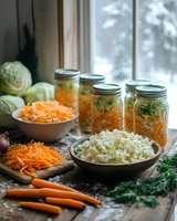 Fresh shredded cabbage and carrots in mason jars and wooden bowls for homemade fermented vegetables, with ingredients for sauerkraut preparation on rustic table.