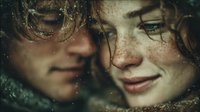 Young couple with freckles sharing intimate moment in golden light. Man and woman close together with warm atmospheric glow and sparkles creating romantic mood.