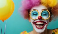 Laughing clown with colorful curly hair, round glasses and red nose holding balloon against turquoise background, expressing joy and happiness. Perfect for entertainment themes.