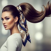 Elegant woman with flowing brown hair in high ponytail tied with silk scarf. Professional beauty portrait showcasing luxury hairstyle and makeup for fashion content.