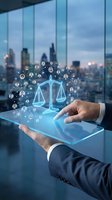 Businessman using digital tablet with glowing justice scales and network connections in modern office overlooking city skyline for legal technology solutions.