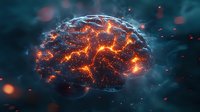 Glowing brain with fiery neural connections floating in dark smoky space, orange energy sparks and light trails illuminate intricate network patterns against deep blue background.