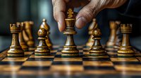 Close up of wooden chess pieces on classic board with hand moving king piece, dramatic lighting highlights rich wood grain texture and strategic gameplay elements.
