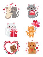 Cute cats with hearts, gifts, and love symbols isolated on white background. Perfect for Valentine's Day designs, greeting cards, children's illustrations, t-shirt prints, and romantic themed projects.
