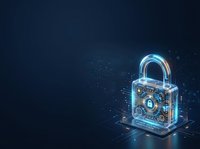 Digital padlock with glowing blue neon light and circuit board pattern on dark background. Represents cybersecurity, data protection, encryption technology, and network safety for web design and digital security concepts.