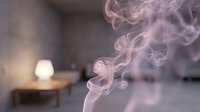 Elegant pink smoke swirls rising gracefully in modern interior space with warm ambient lighting and blurred home decor background.
