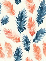Watercolor feathers in coral pink and navy blue create seamless pattern on cream background. Delicate botanical motif for fabric, wallpaper and surface design projects.