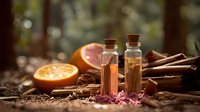 Aromatic spice composition with cinnamon sticks, orange slices, and small glass bottles containing spices on natural earthy background.