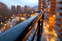 Wet railing on balcony with blurred city lights and residential buildings in background during rainy evening, creating atmospheric urban mood with bokeh effect.