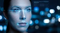 Futuristic biometric facial recognition scan of young Caucasian woman with digital grid overlay and glowing blue interface elements against bokeh city lights.