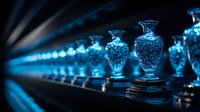 Glowing blue crystal vases arranged in diminishing perspective on dark shelf, creating dramatic lighting effect and mysterious atmosphere for luxury interior design.