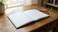 Open blank notebook on wooden desk with natural sunlight streaming through window creating warm atmosphere for writing and creativity.