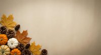 Autumn flat lay with orange pumpkins, golden maple leaves and pine cones on neutral beige background with copy space for seasonal harvest decorations.